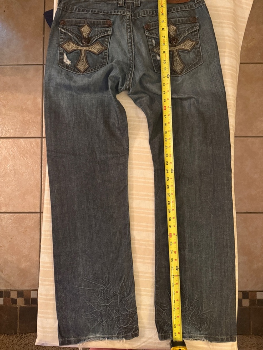 Affliction Distressed Blue Jeans with Embroidered Cross Back Pockets - Picture 9 of 9